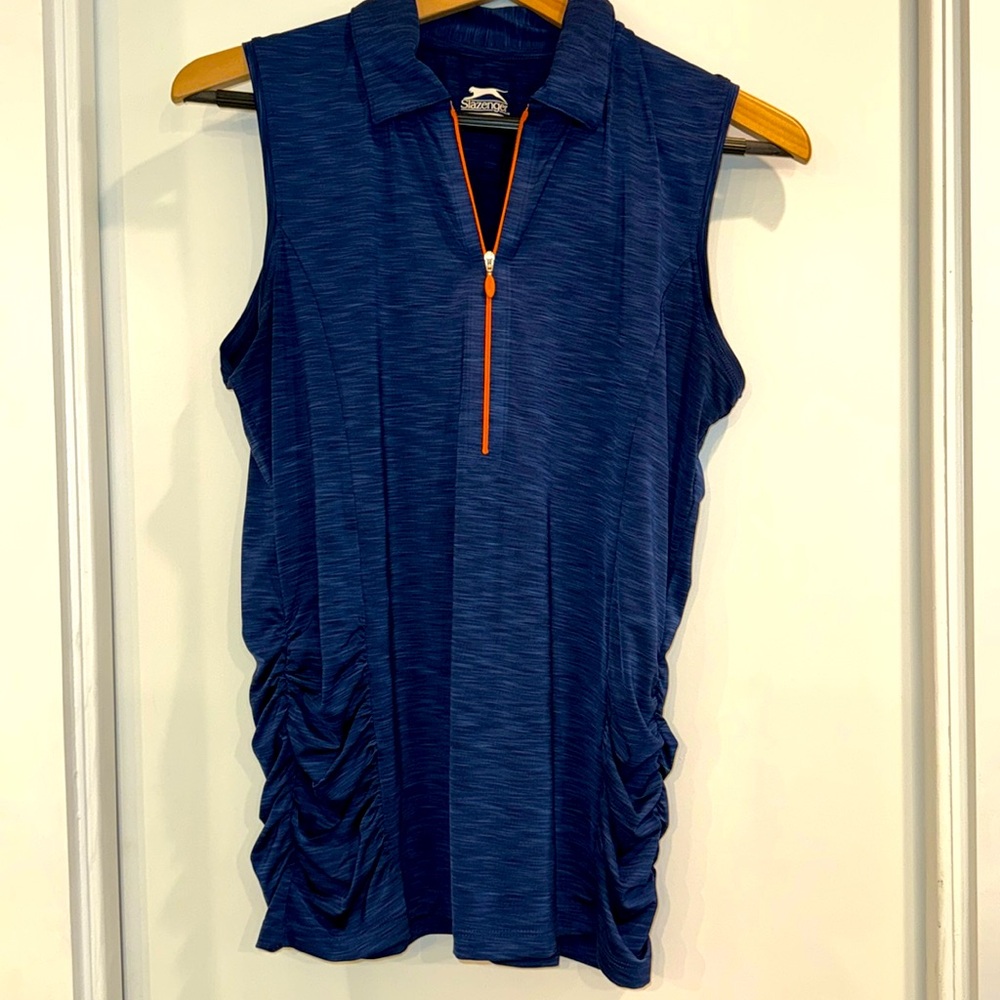 Slazenger Navy Sleeveless Polo Golf Shirt with Orange Zipper